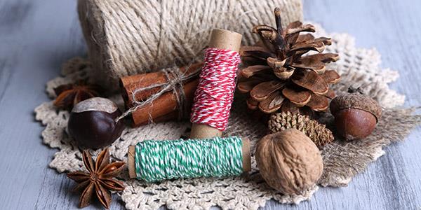 Thread, conkers and fir cone